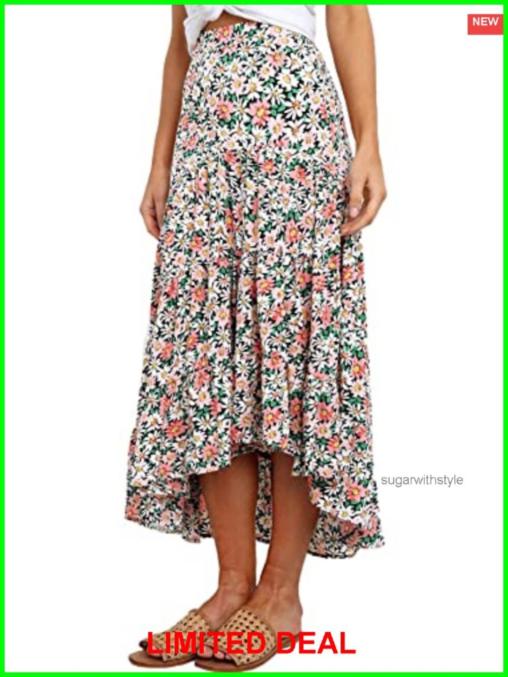 Women's Chiffon High Low Hem Boho Floral A-Line Midi Skirt